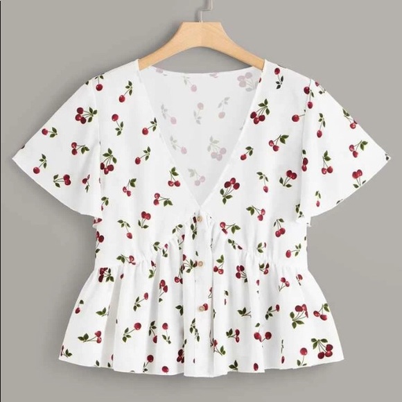 Tops - ✨PLUS 🍒 Cherry Print Peplum Blouse V Neck White